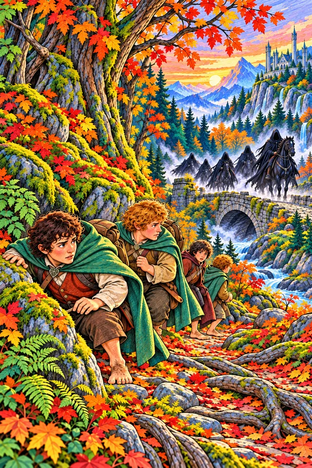 Hobbits escondidos entre folhas de outono