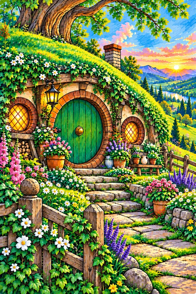 Porta verde de toca hobbit entre flores