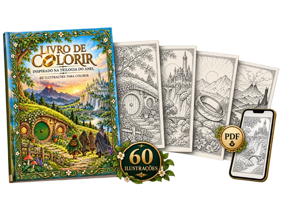Livro de colorir com páginas impressas, selo de 60 ilustrações e arquivo PDF no celular