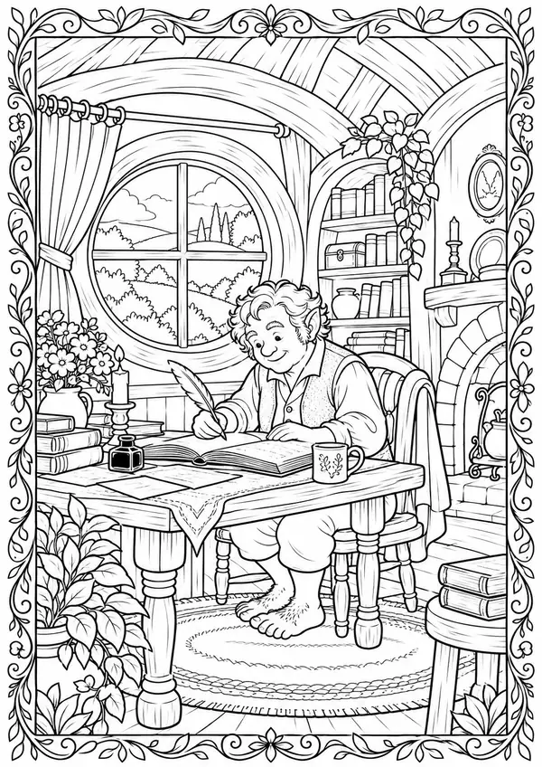 Página real: Hobbit escrevendo à mesa dentro da toca